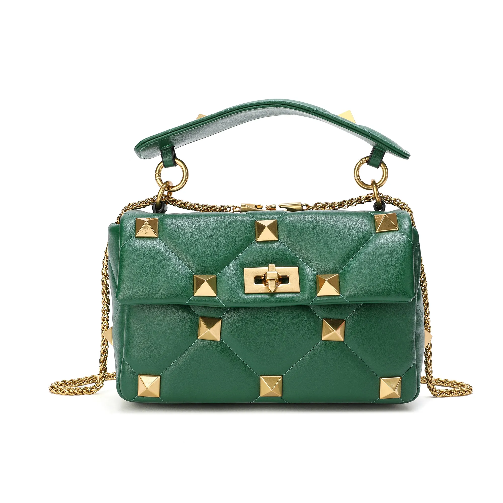 Quilted and Studded Sheepskin Leather Shoulder Bag