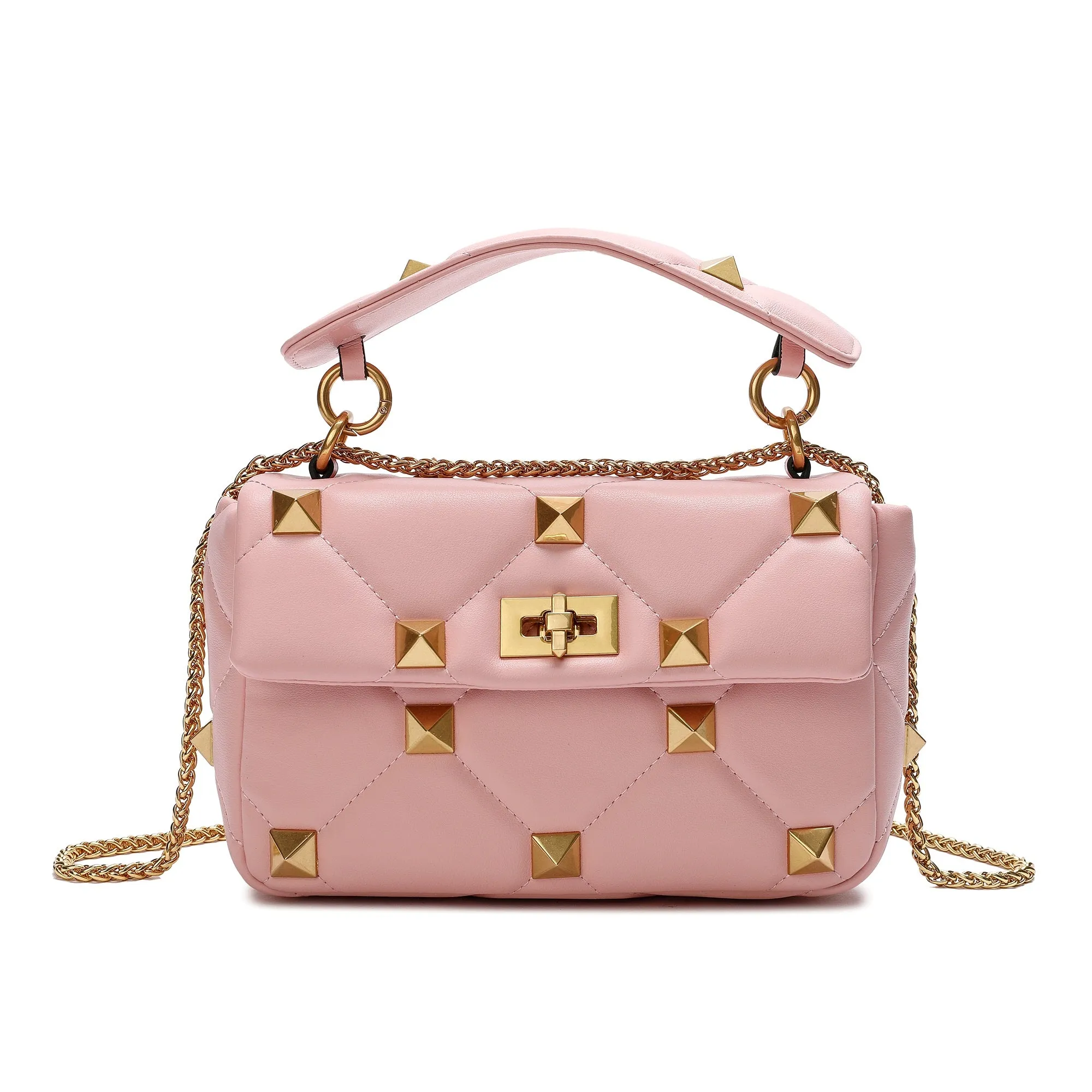Quilted and Studded Sheepskin Leather Shoulder Bag
