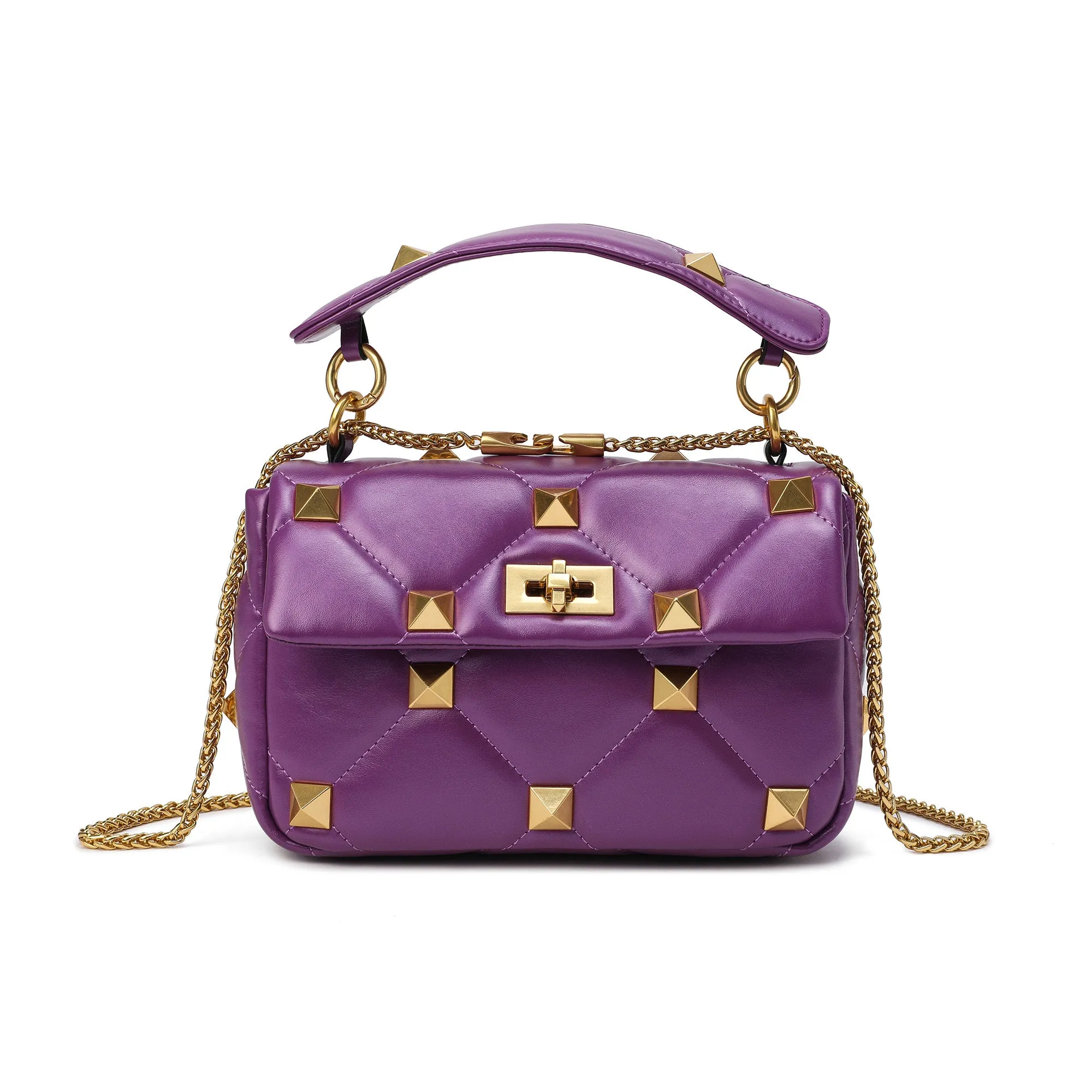 Quilted and Studded Sheepskin Leather Shoulder Bag