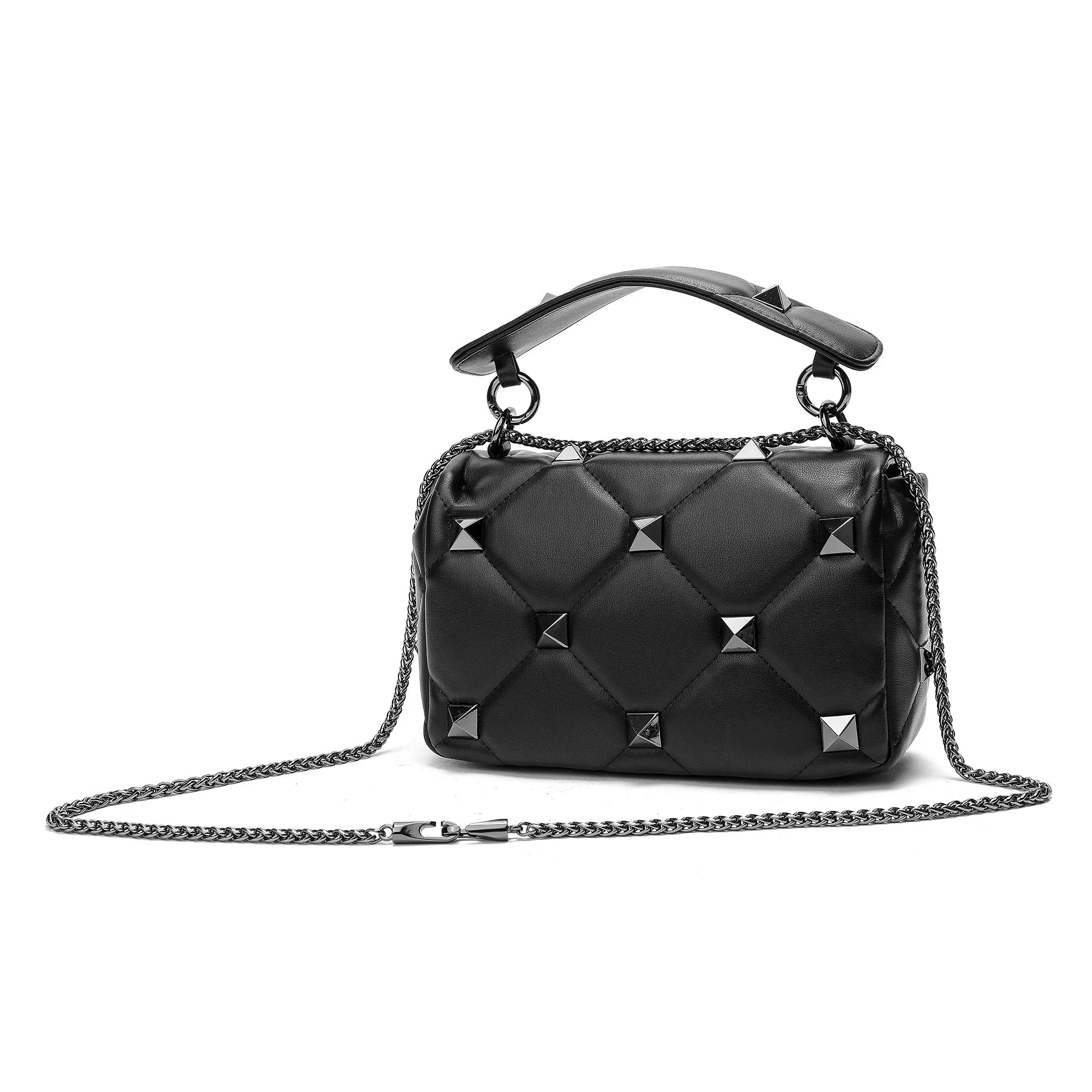 Quilted and Studded Sheepskin Leather Shoulder Bag