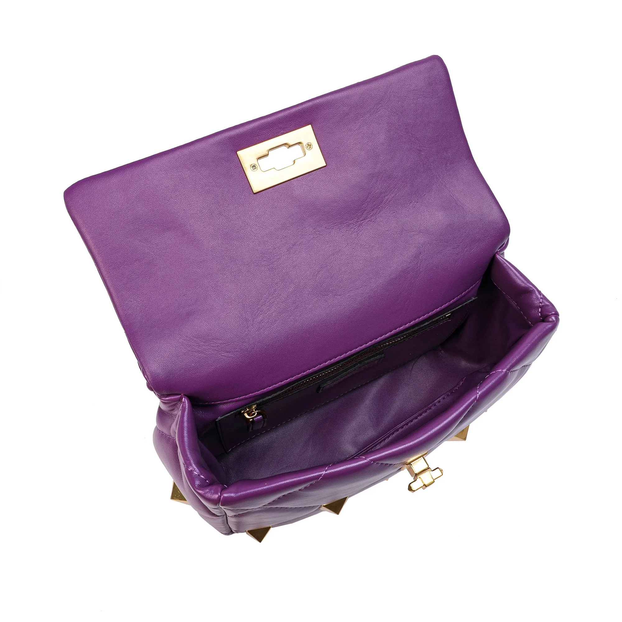 Quilted and Studded Sheepskin Leather Shoulder Bag
