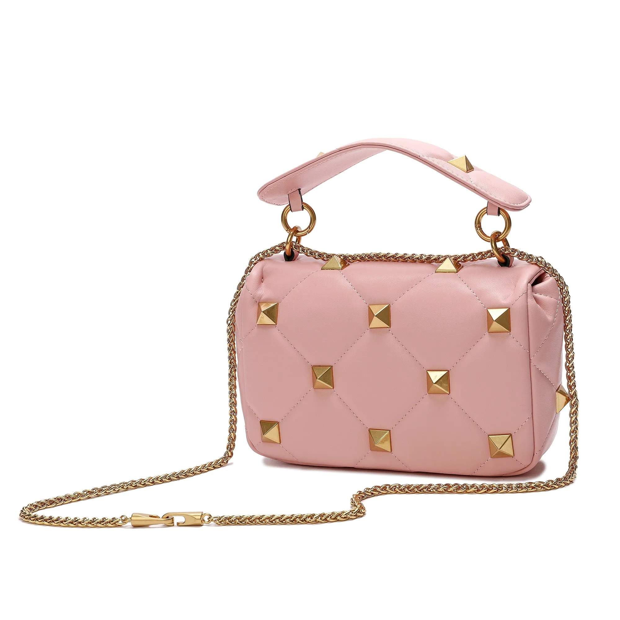 Quilted and Studded Sheepskin Leather Shoulder Bag
