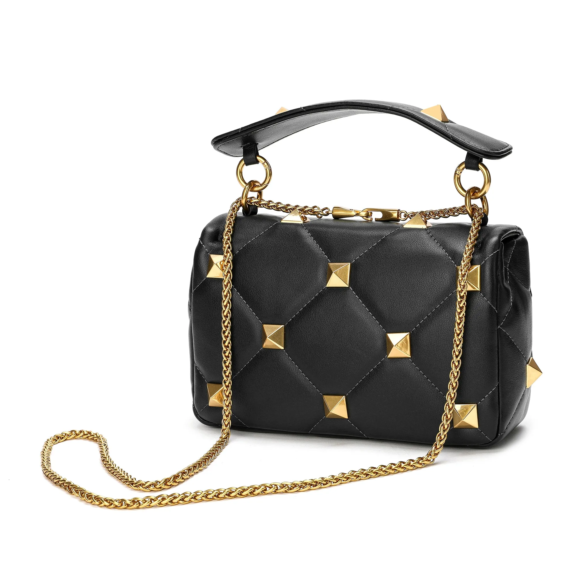 Quilted and Studded Sheepskin Leather Shoulder Bag