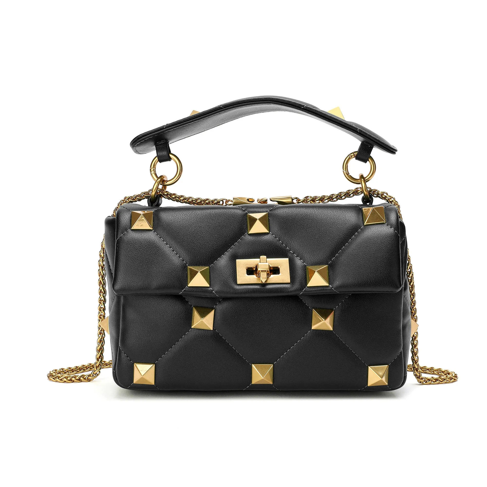 Quilted and Studded Sheepskin Leather Shoulder Bag