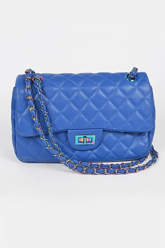 Quilted Hologram Chain Shoulder Bag - Cobalt