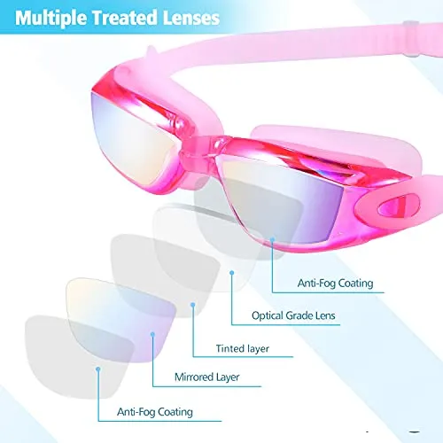 Rapidor Swim Goggle for Men Women Teens, Anti-Fog UV-Protection Leak-Proof, RP905 Series Multiple Choices (Pink- Mirrored Lenses)