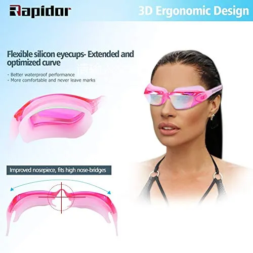 Rapidor Swim Goggle for Men Women Teens, Anti-Fog UV-Protection Leak-Proof, RP905 Series Multiple Choices (Pink- Mirrored Lenses)