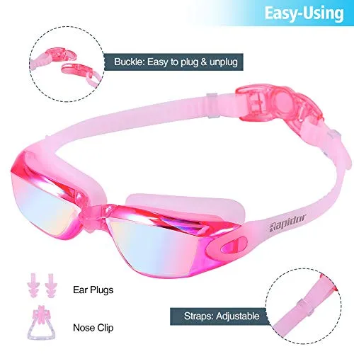 Rapidor Swim Goggle for Men Women Teens, Anti-Fog UV-Protection Leak-Proof, RP905 Series Multiple Choices (Pink- Mirrored Lenses)