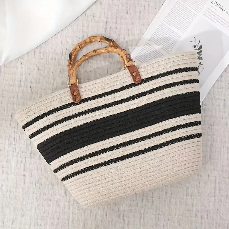 realaiot  Striped Pattern Bamboo Joint Design Straw Bag, Color Block Crochet Large Capacity Tote Bag, Slouchy Top Handle Beach Bag