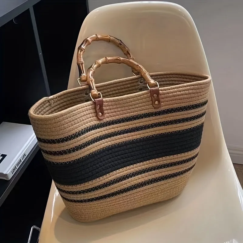 realaiot  Striped Pattern Bamboo Joint Design Straw Bag, Color Block Crochet Large Capacity Tote Bag, Slouchy Top Handle Beach Bag