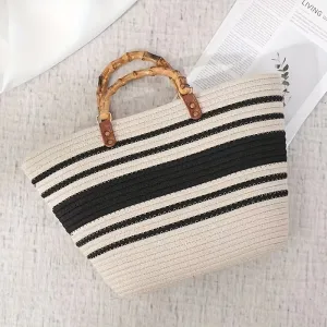 realaiot  Striped Pattern Bamboo Joint Design Straw Bag, Color Block Crochet Large Capacity Tote Bag, Slouchy Top Handle Beach Bag