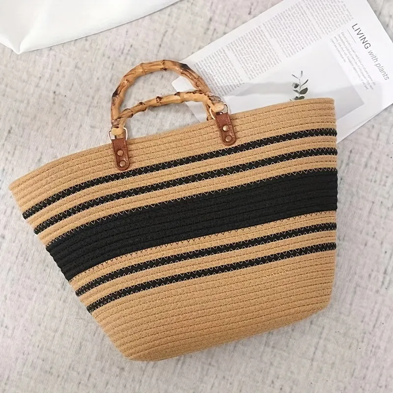 realaiot  Striped Pattern Bamboo Joint Design Straw Bag, Color Block Crochet Large Capacity Tote Bag, Slouchy Top Handle Beach Bag