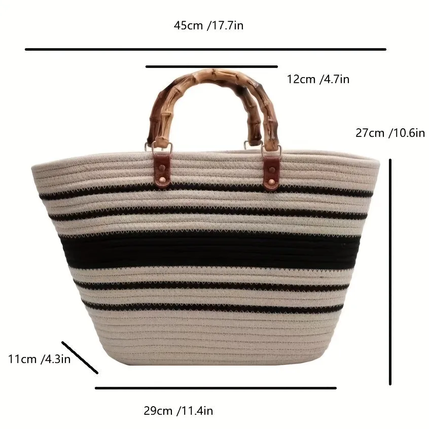 realaiot  Striped Pattern Bamboo Joint Design Straw Bag, Color Block Crochet Large Capacity Tote Bag, Slouchy Top Handle Beach Bag