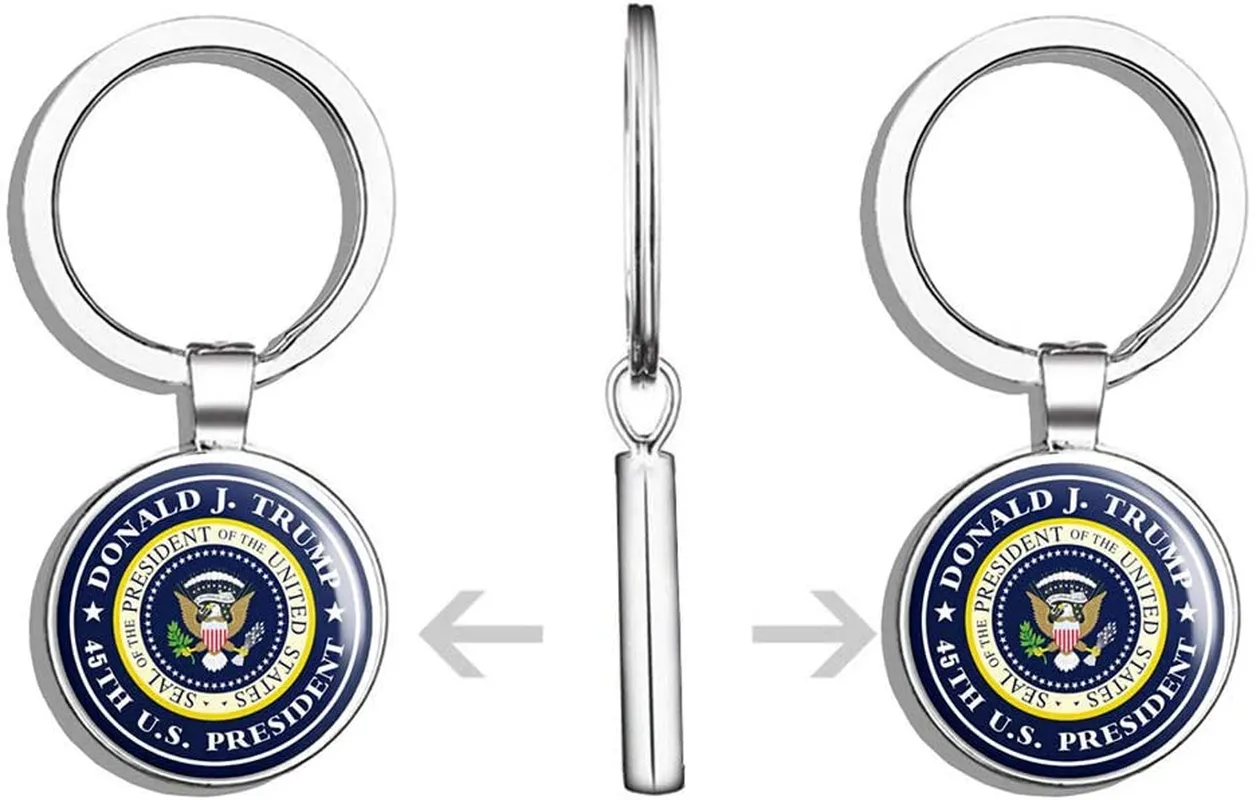Round Donald J Trump 45th US President - Seal pro Logo Official Double Sided Stainless Steel Keychain Key Ring Chain Holder Car/Key Finder