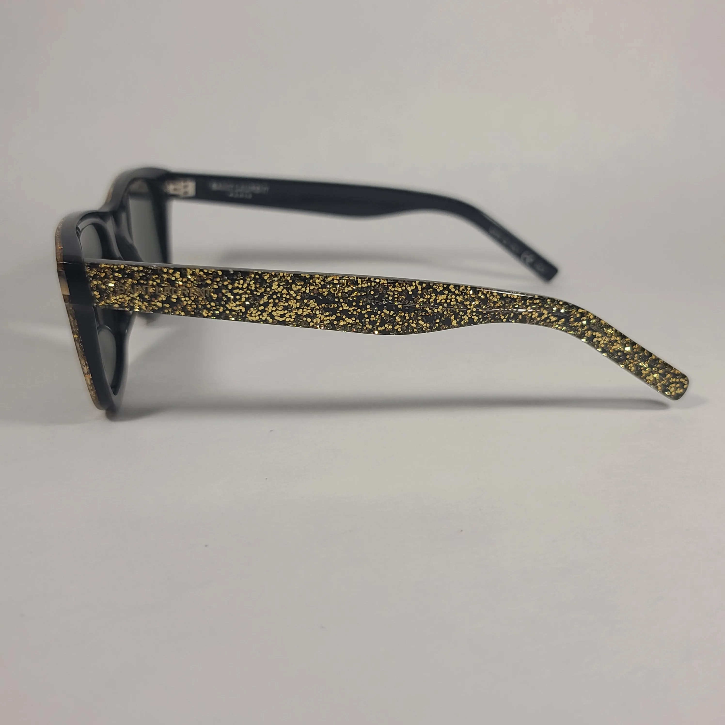 Saint Laurent Square Sunglasses Black Gold Glitter Frame Gray Lens SL51 008