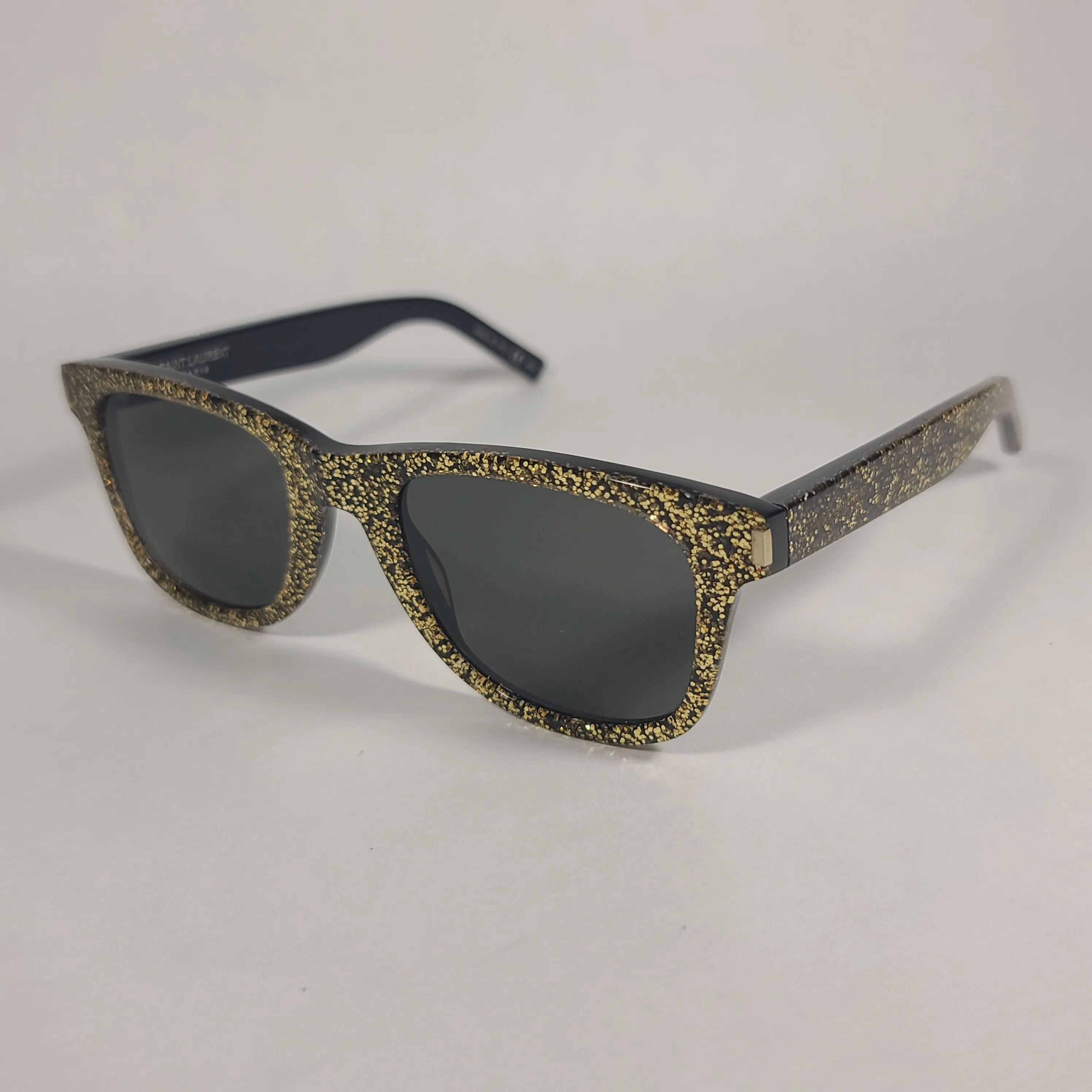 Saint Laurent Square Sunglasses Black Gold Glitter Frame Gray Lens SL51 008