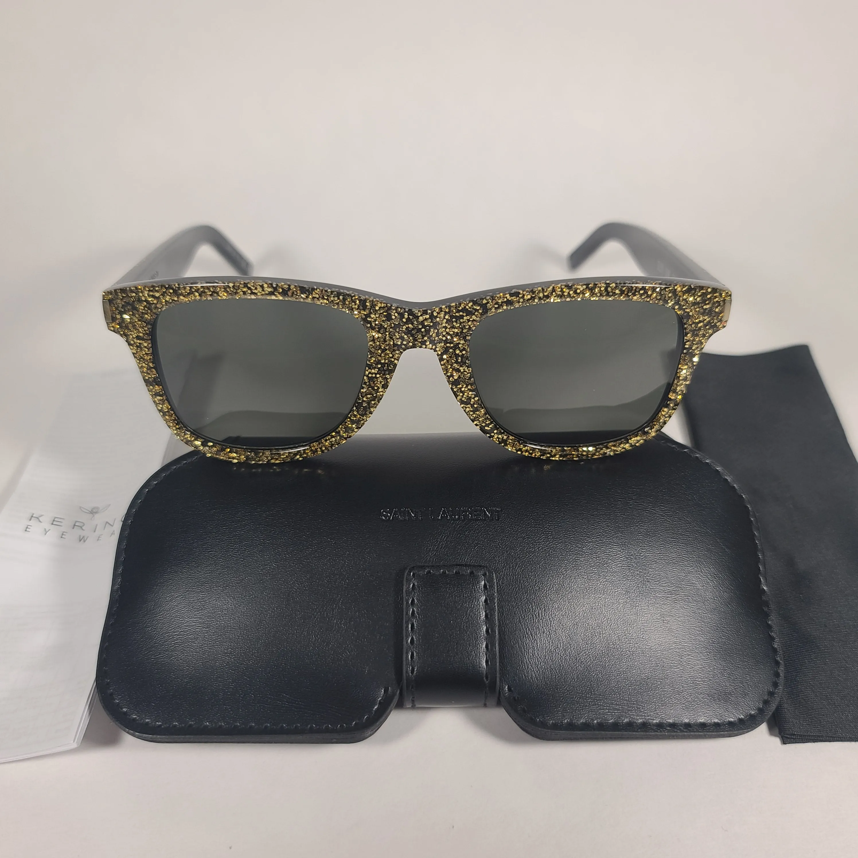 Saint Laurent Square Sunglasses Black Gold Glitter Frame Gray Lens SL51 008