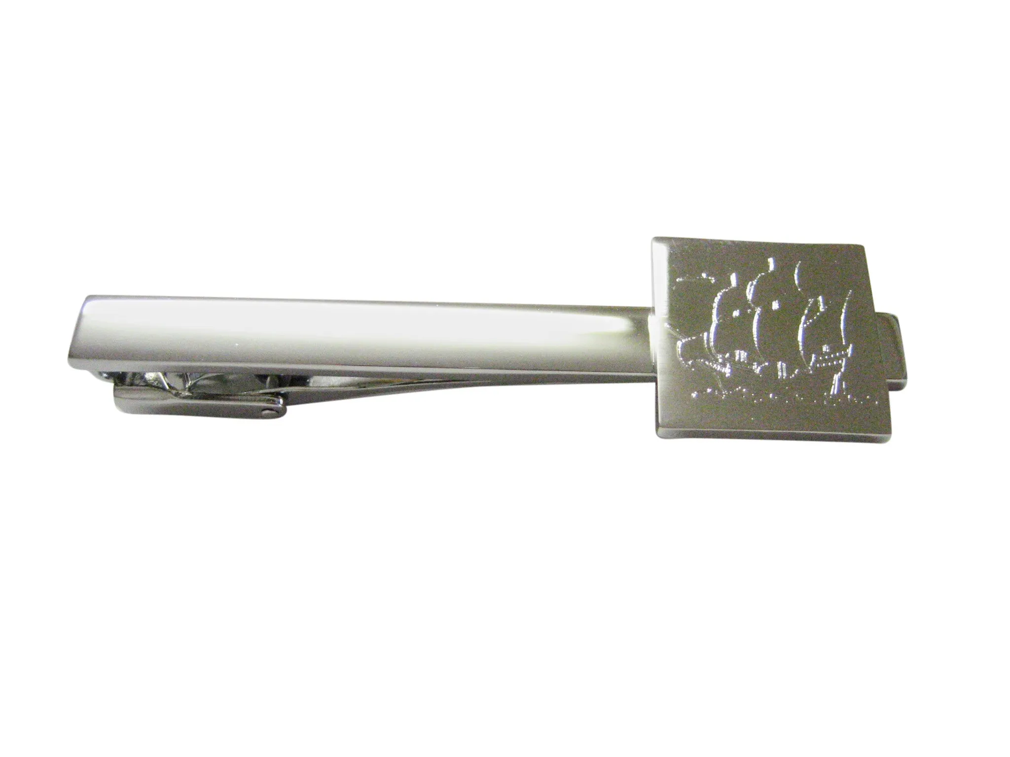Silver Toned Etched Old Style Ship Square Tie Clip