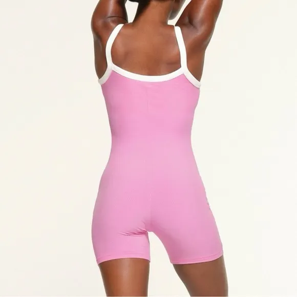 SKIMS M Lounge Ringer Scoop Onesie Ribbed Pink Sporty Loungewear Romper NWT