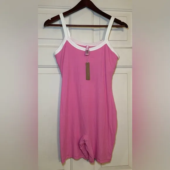 SKIMS M Lounge Ringer Scoop Onesie Ribbed Pink Sporty Loungewear Romper NWT