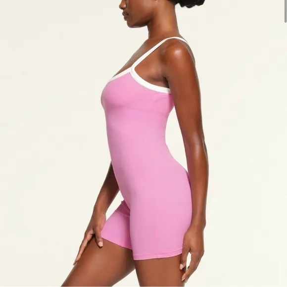 SKIMS M Lounge Ringer Scoop Onesie Ribbed Pink Sporty Loungewear Romper NWT
