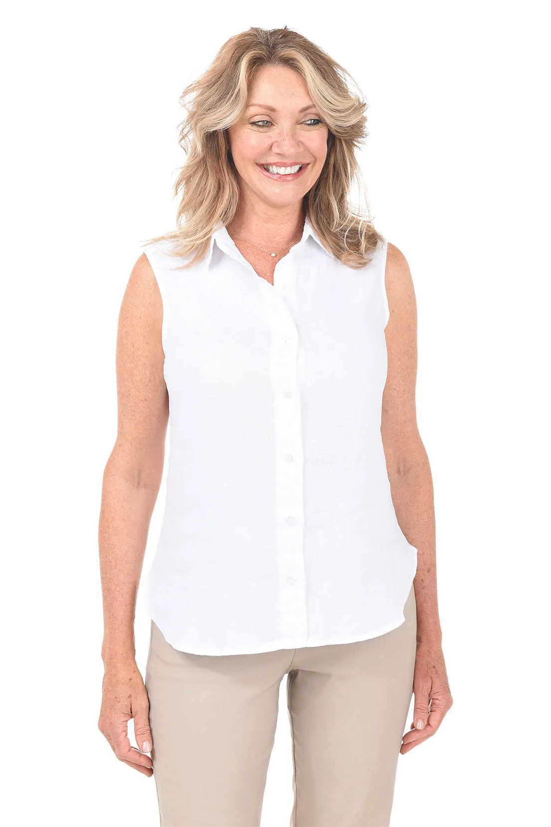 Sleeveless Linen Button-Front Shirt