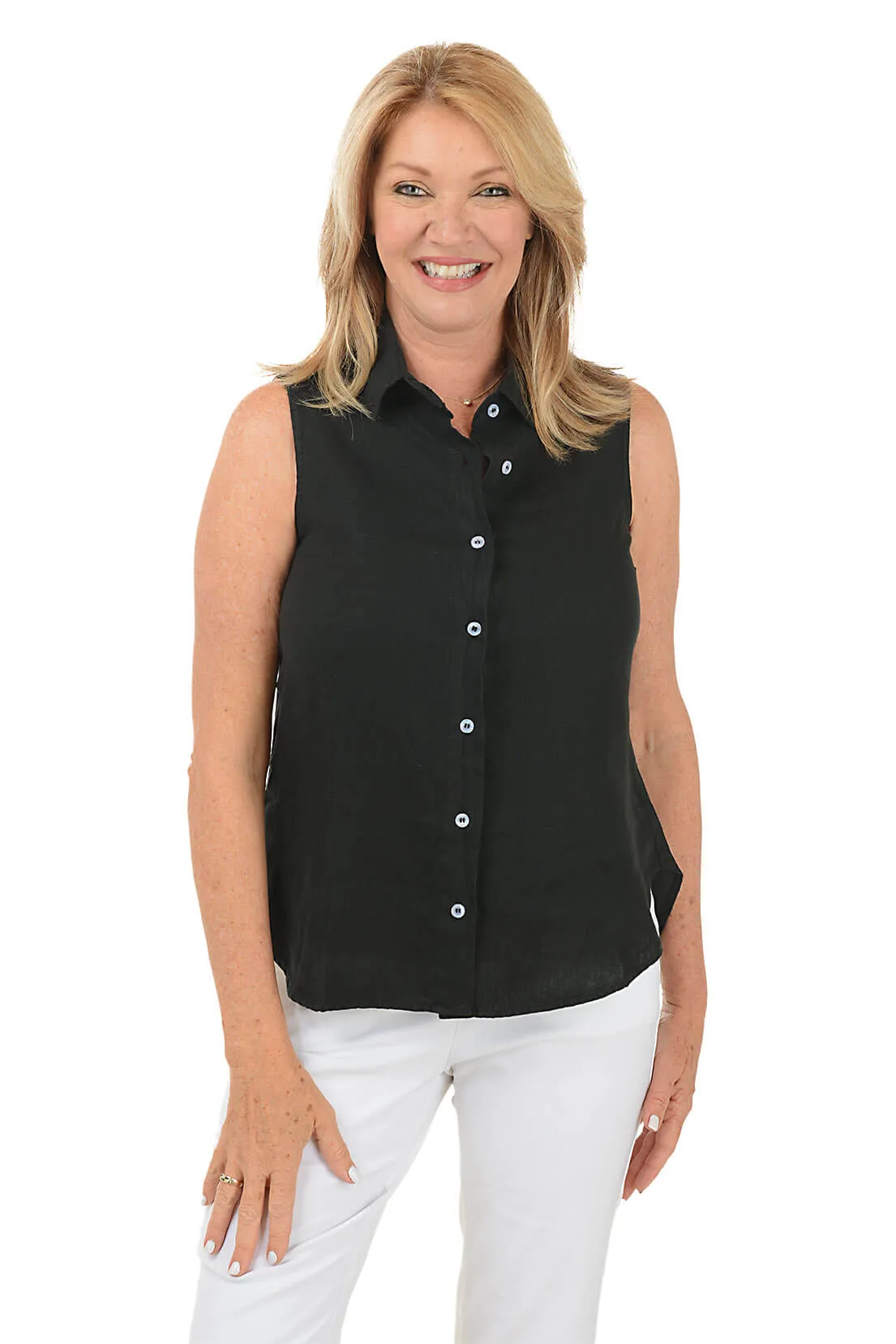 Sleeveless Linen Button-Front Shirt