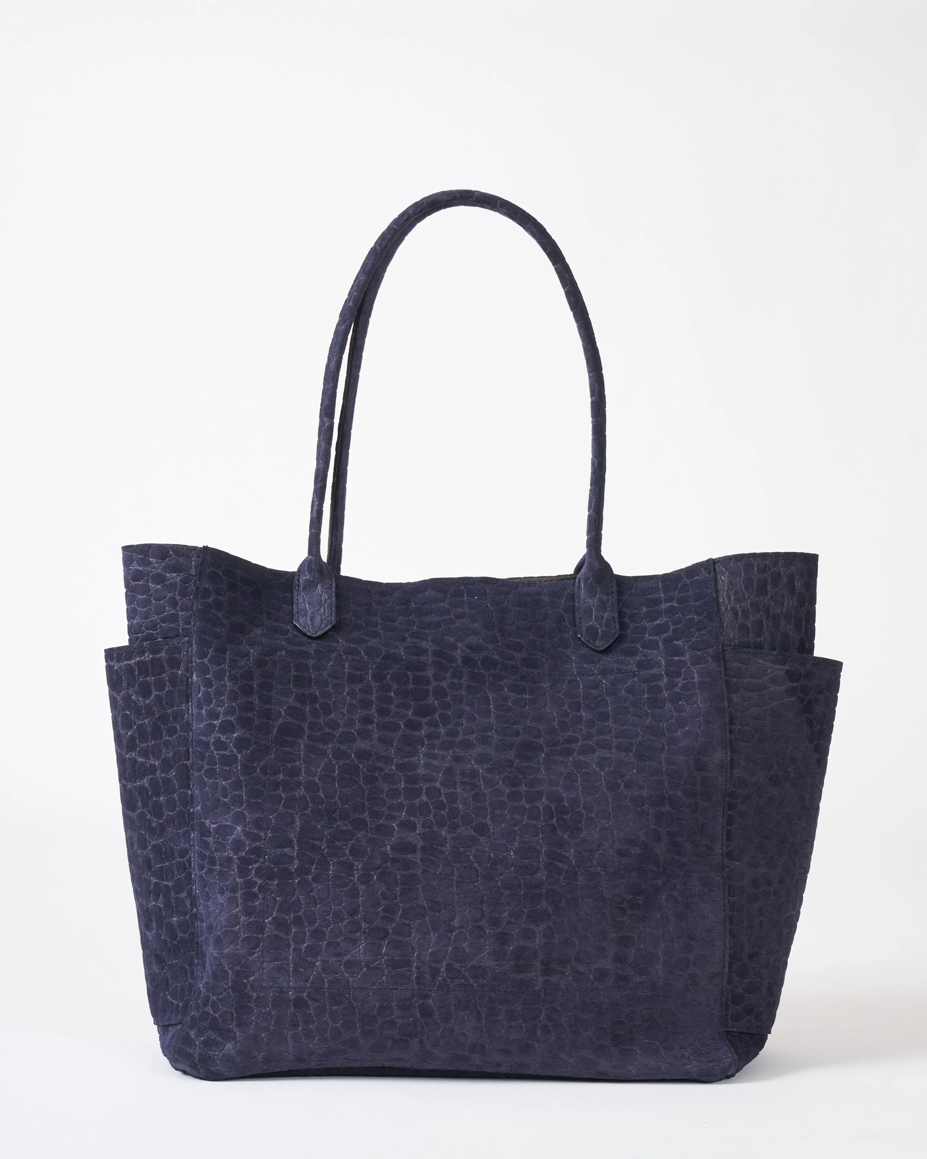 slouchy pocket tote - ink embossed suede