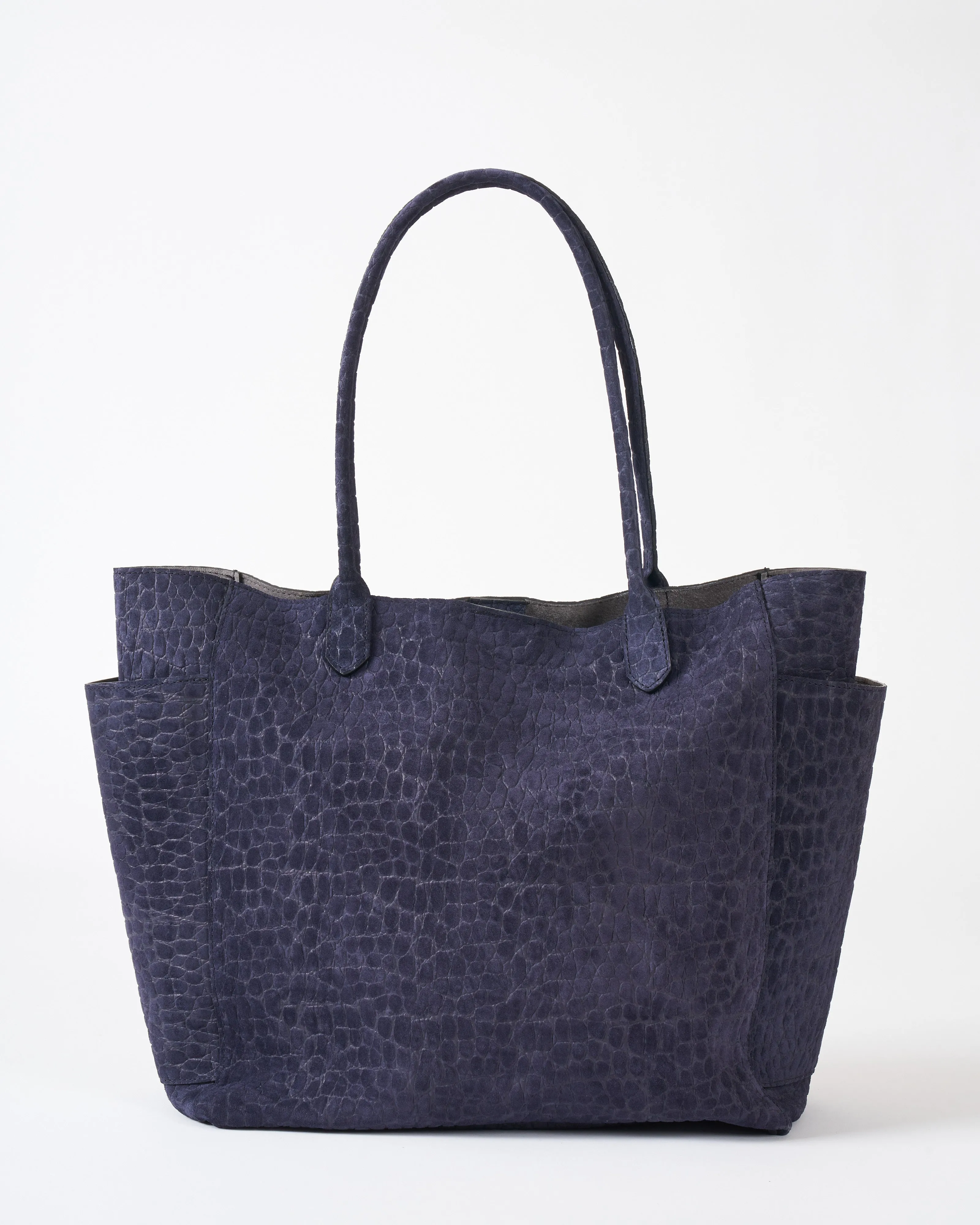 slouchy pocket tote - ink embossed suede