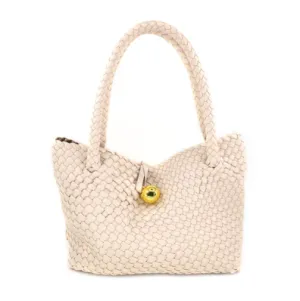 SLOUCHY WOVEN PU TOTE BAG W/BALL CLOSURE