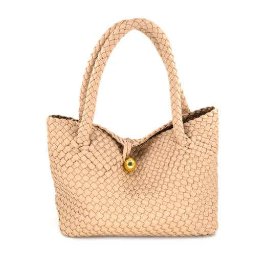 SLOUCHY WOVEN PU TOTE BAG W/BALL CLOSURE