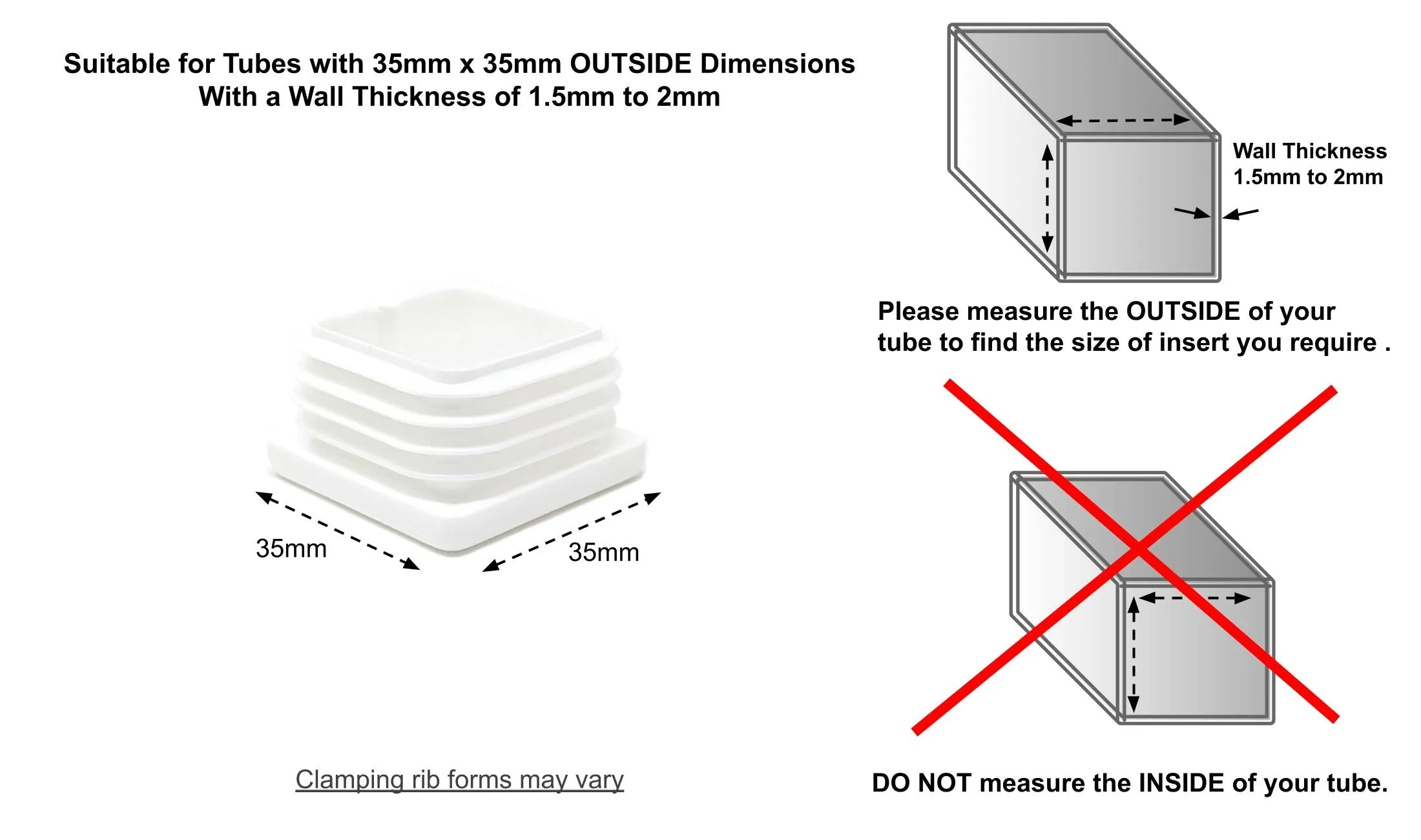 Square Tube Inserts 35x35mm - White | Made in Germany | Keay Vital Parts