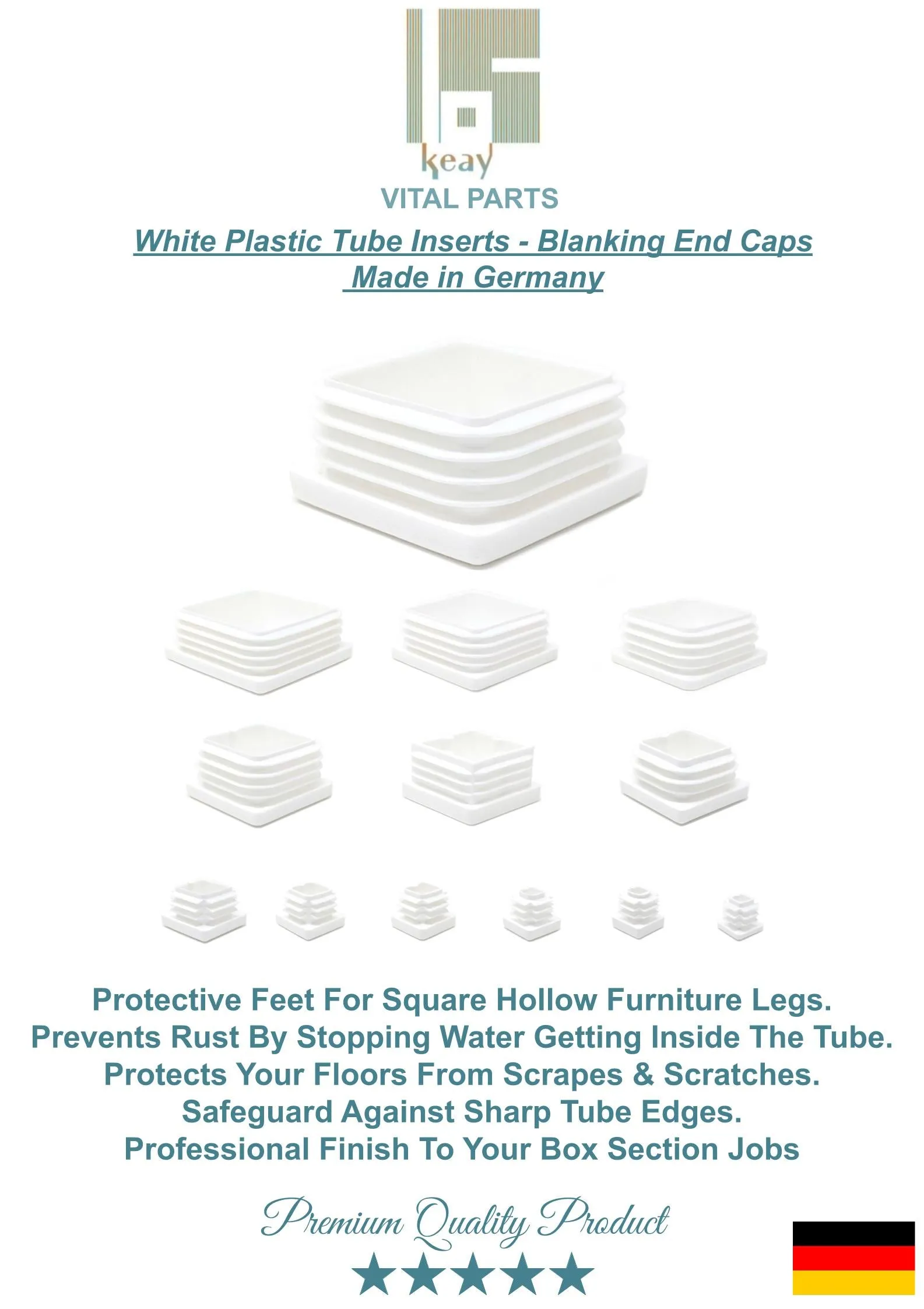 Square Tube Inserts 45x45mm - White | Made in Germany | Keay Vital Parts
