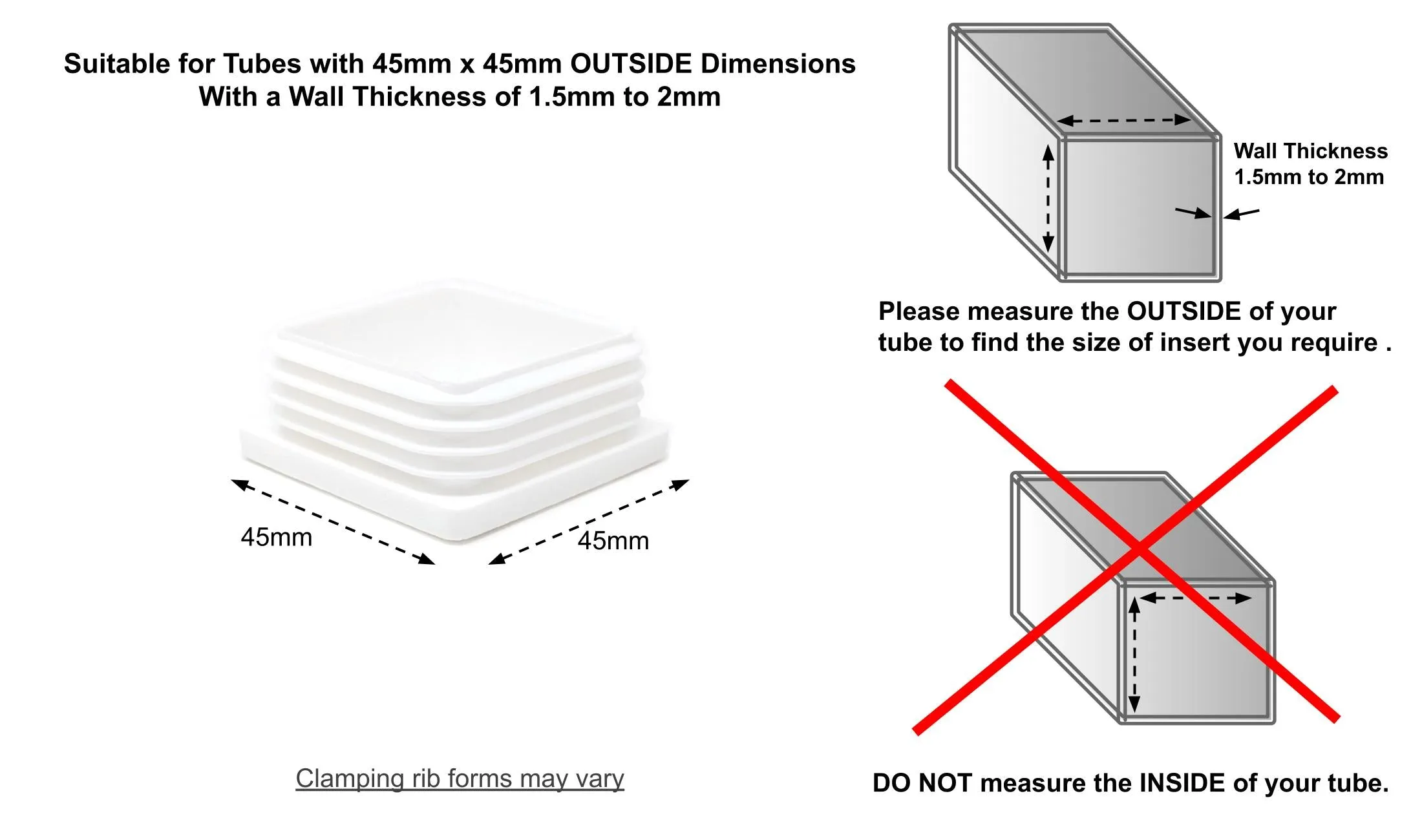 Square Tube Inserts 45x45mm - White | Made in Germany | Keay Vital Parts
