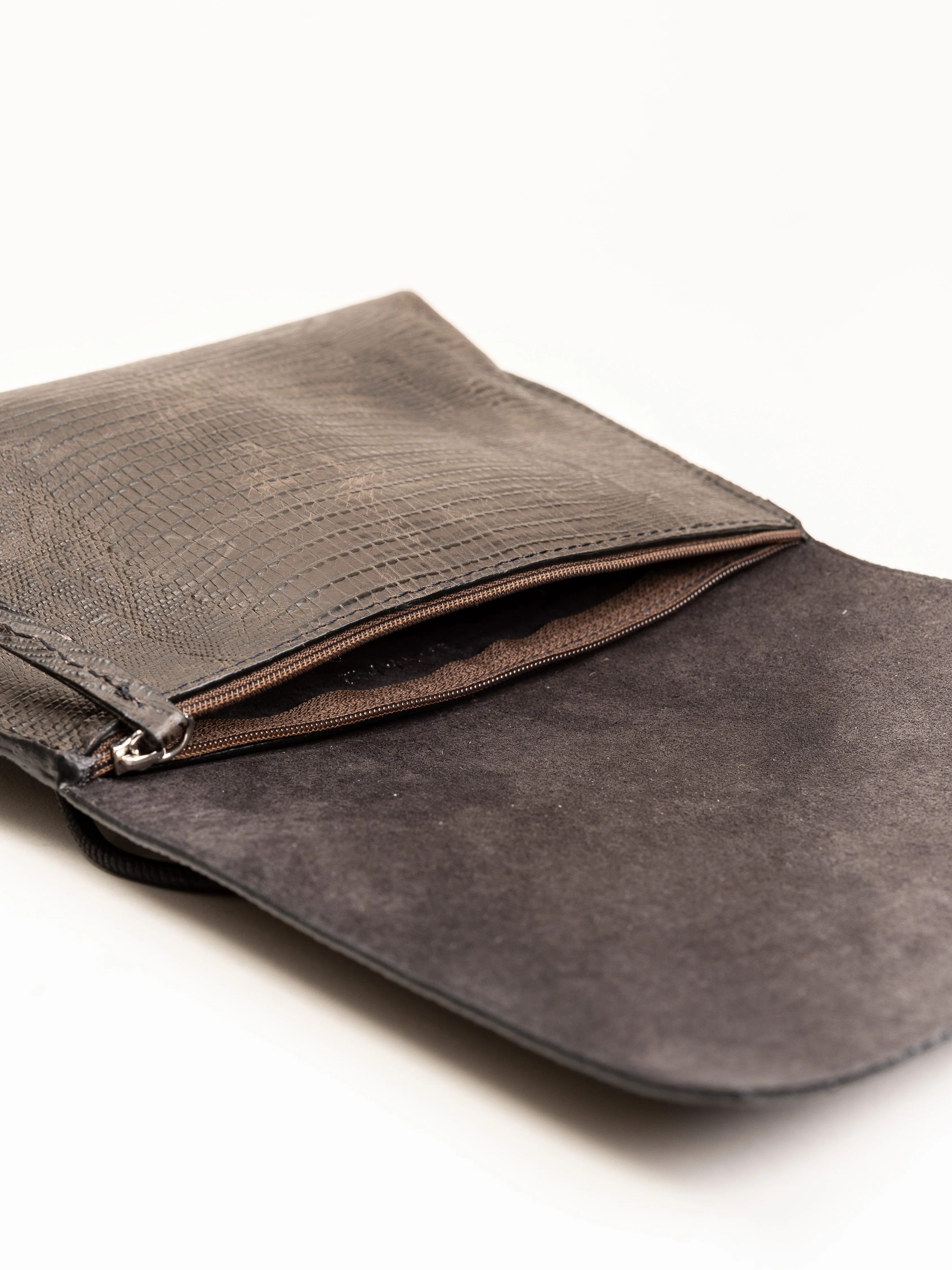 strappy foldover - brown embossed lizard