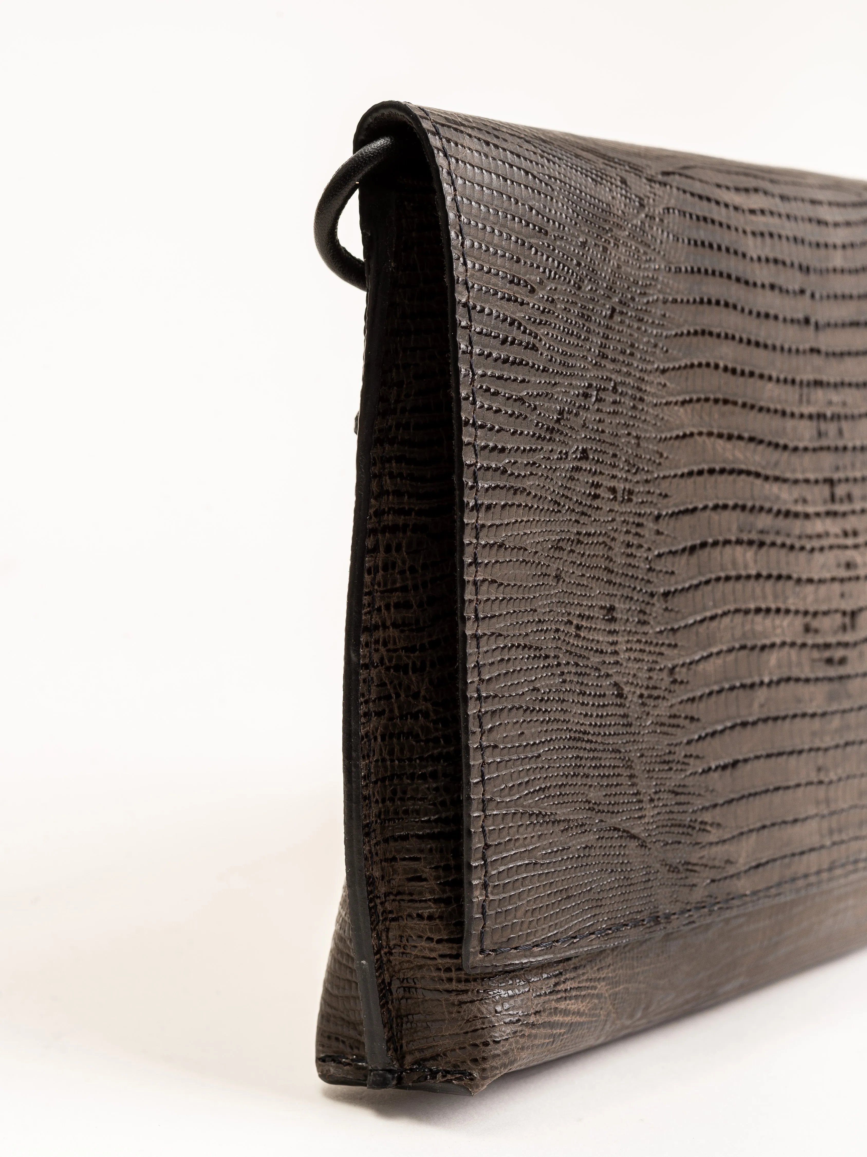 strappy foldover - brown embossed lizard