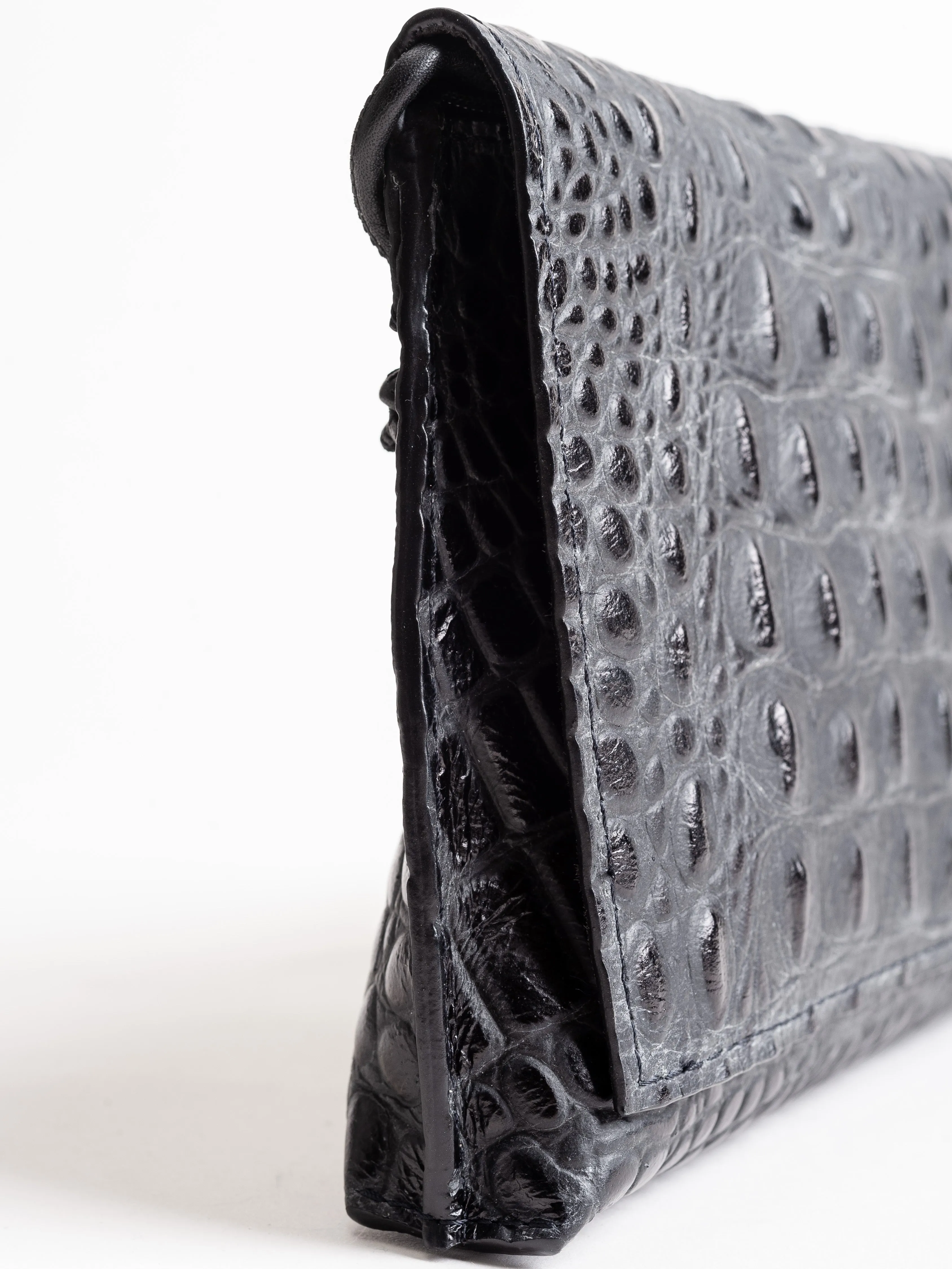 strappy foldover - matte black embossed croc