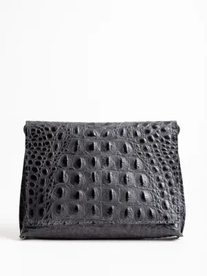 strappy foldover - matte black embossed croc