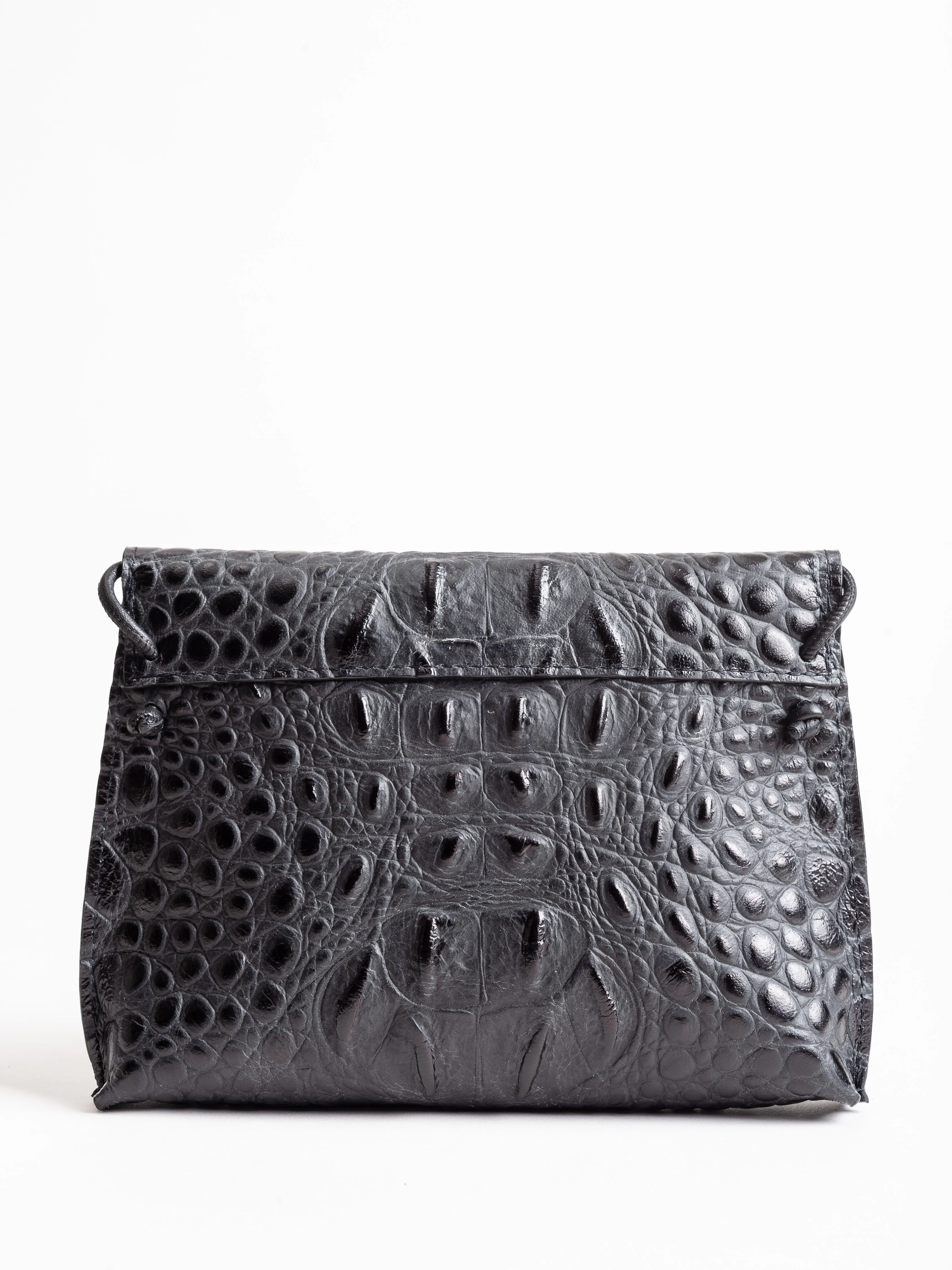 strappy foldover - matte black embossed croc