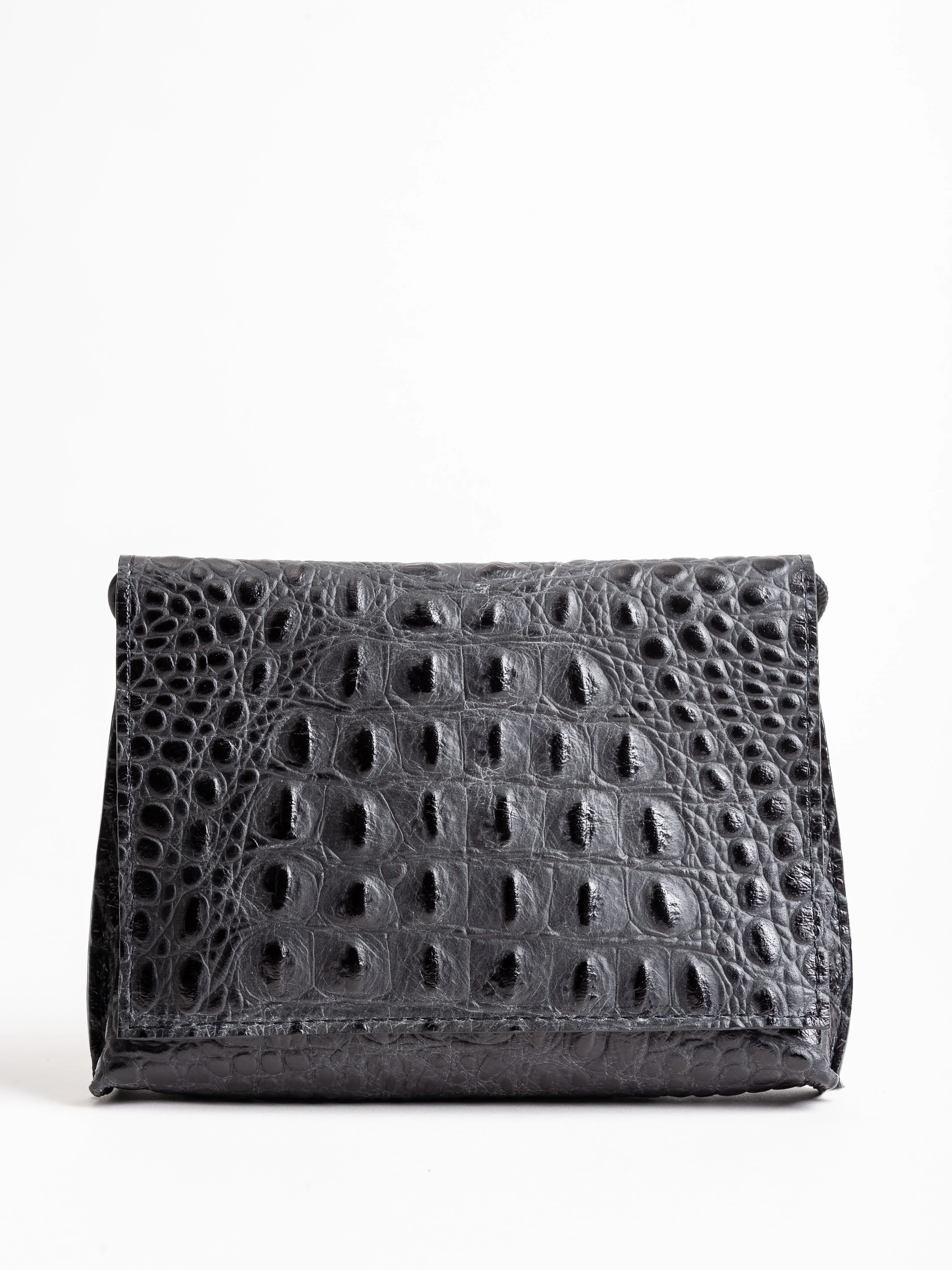 strappy foldover - matte black embossed croc