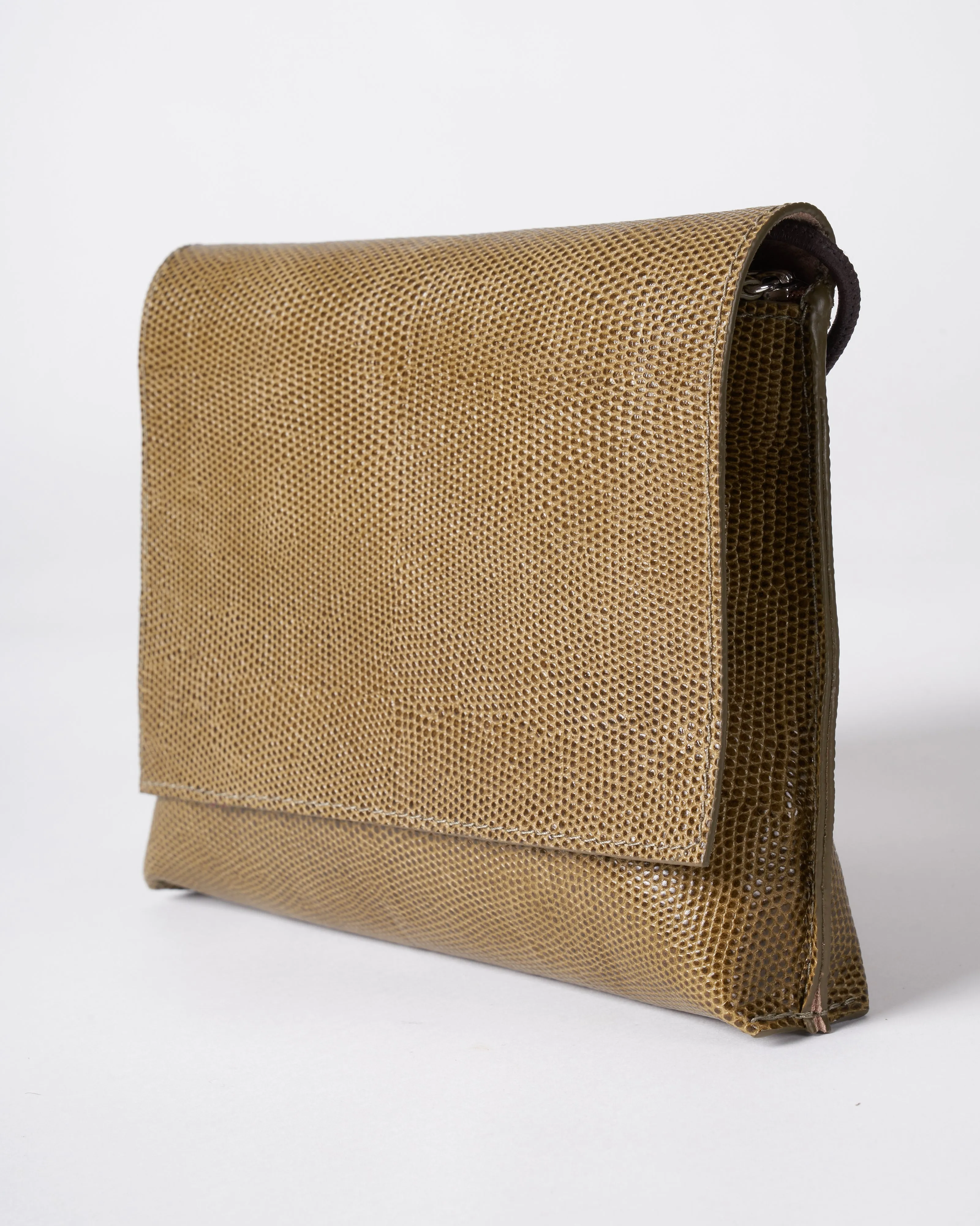 strappy foldover - olive embossed lizard