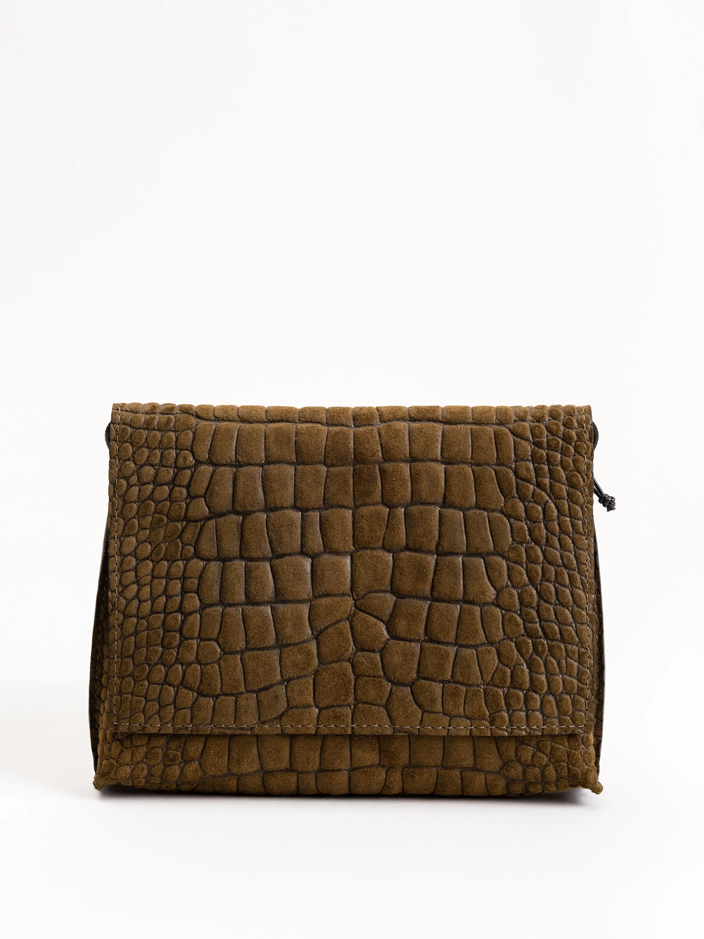 strappy foldover - olive suede embossed gator