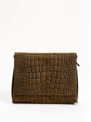 strappy foldover - olive suede embossed gator