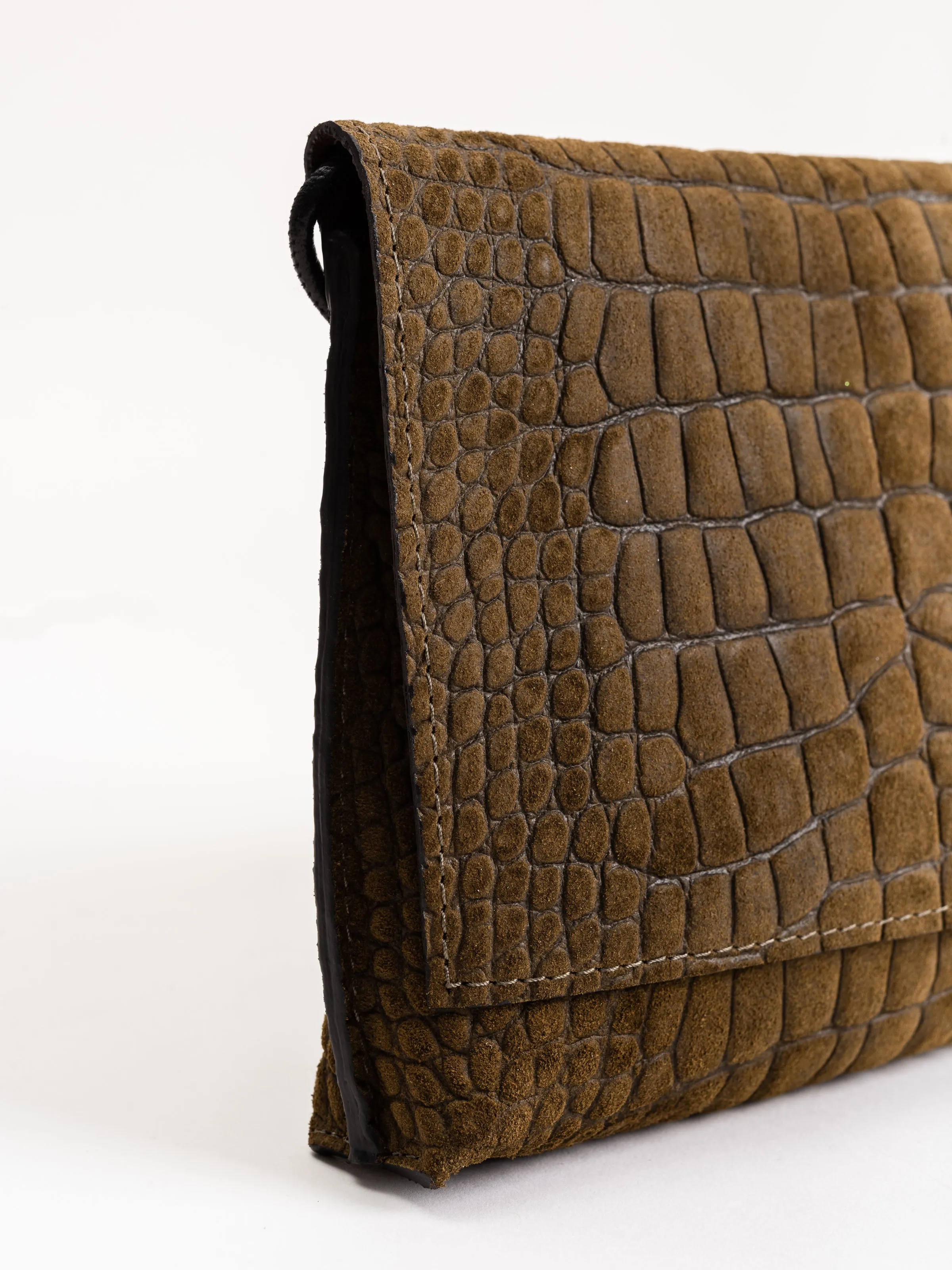 strappy foldover - olive suede embossed gator