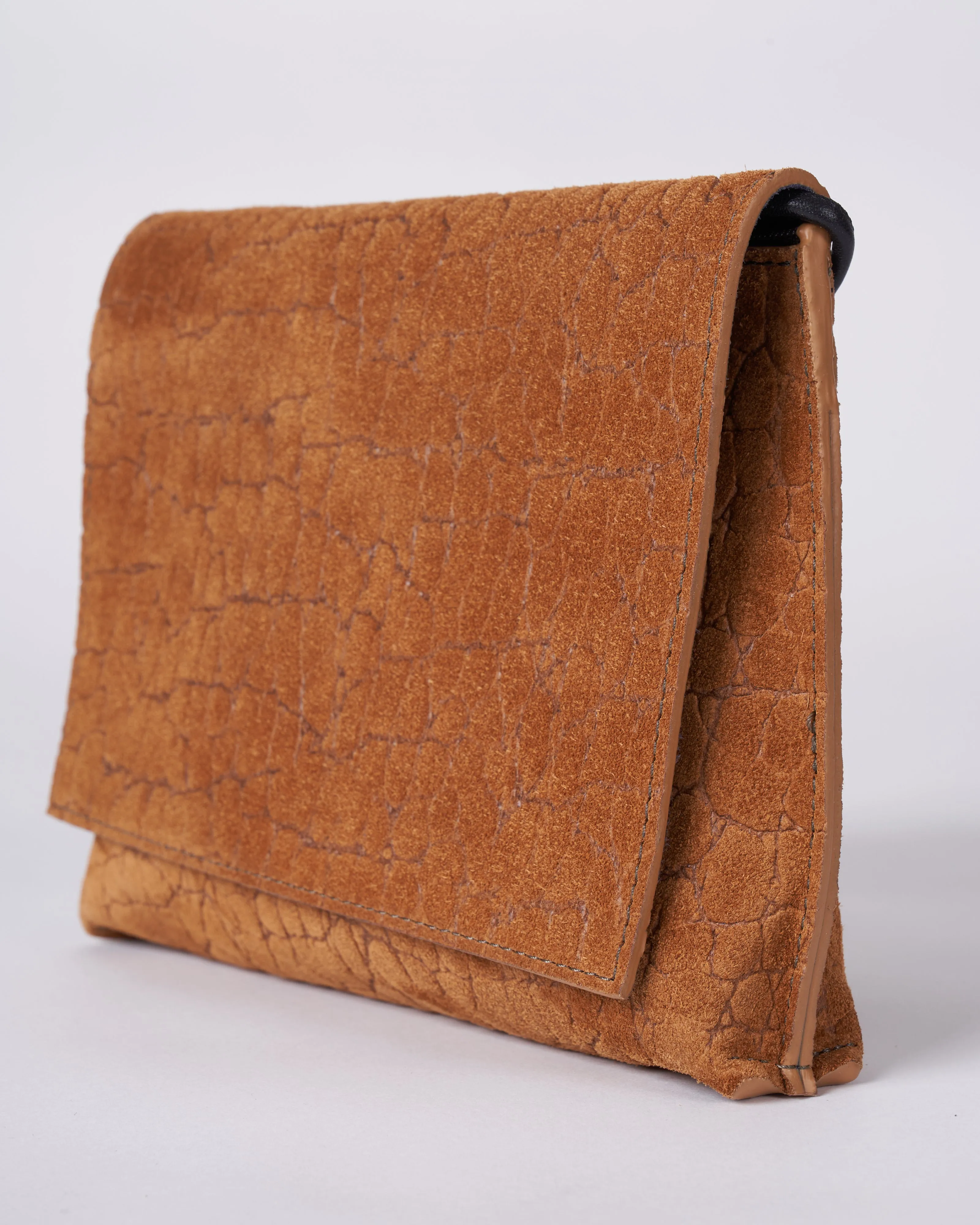 strappy foldover - tawny embossed suede w/graphite detail