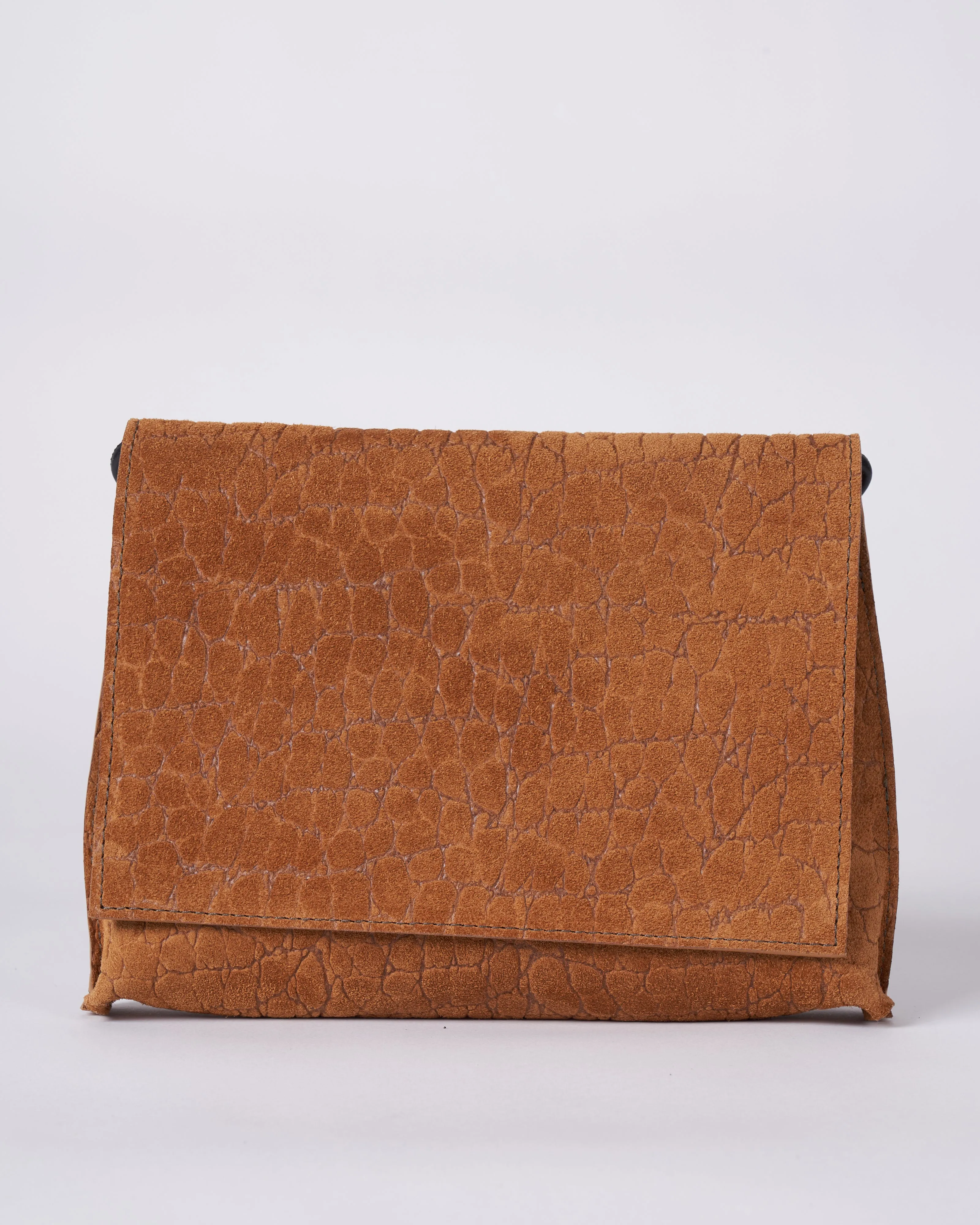 strappy foldover - tawny embossed suede w/graphite detail