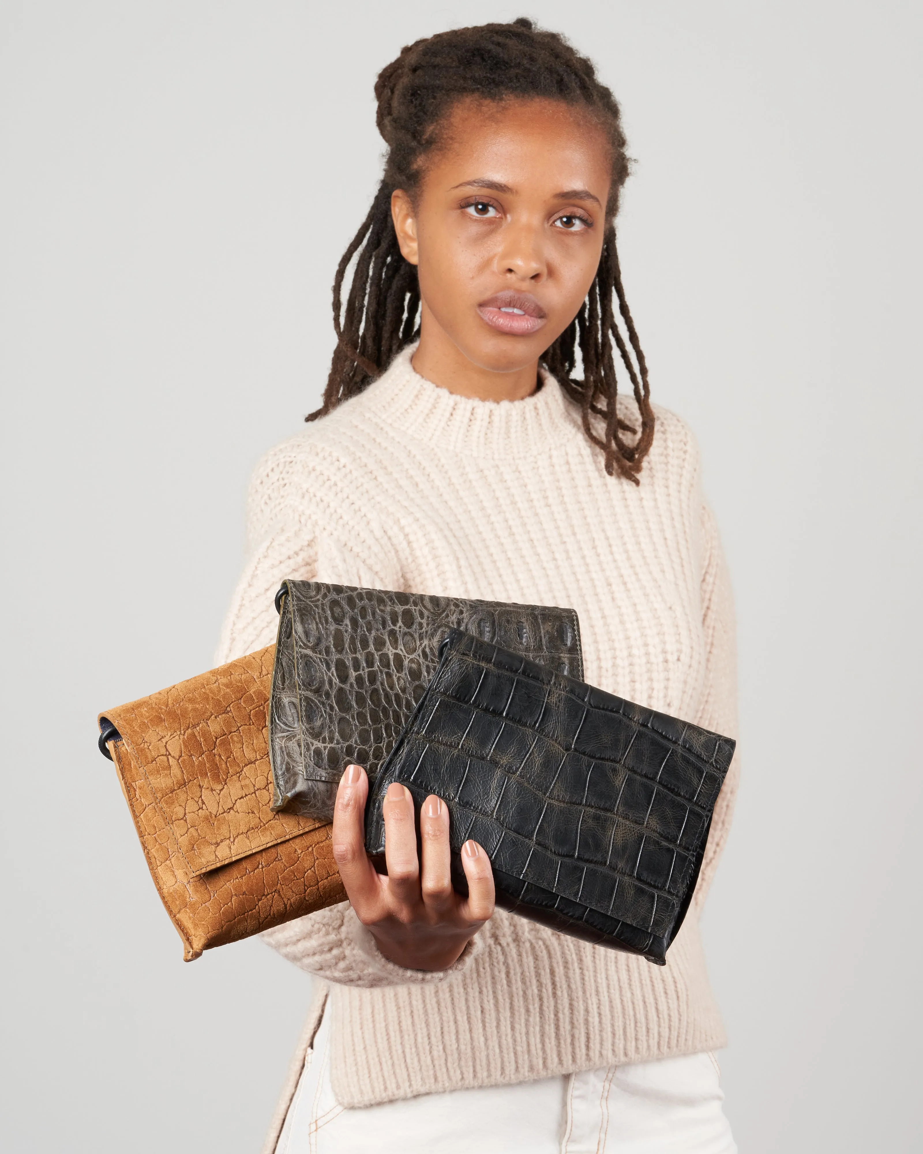 strappy foldover - tawny embossed suede w/graphite detail
