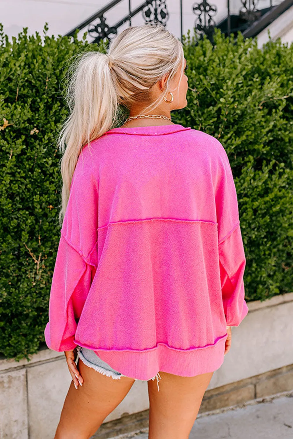 Strawberry Pink Slouchy Drop Shoulder Henley Buttons Sweatshirt