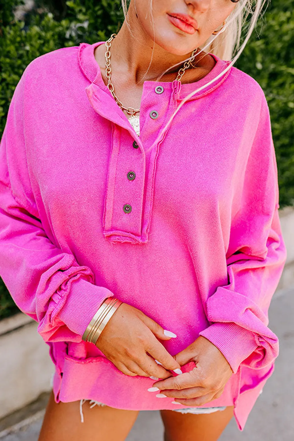 Strawberry Pink Slouchy Drop Shoulder Henley Buttons Sweatshirt