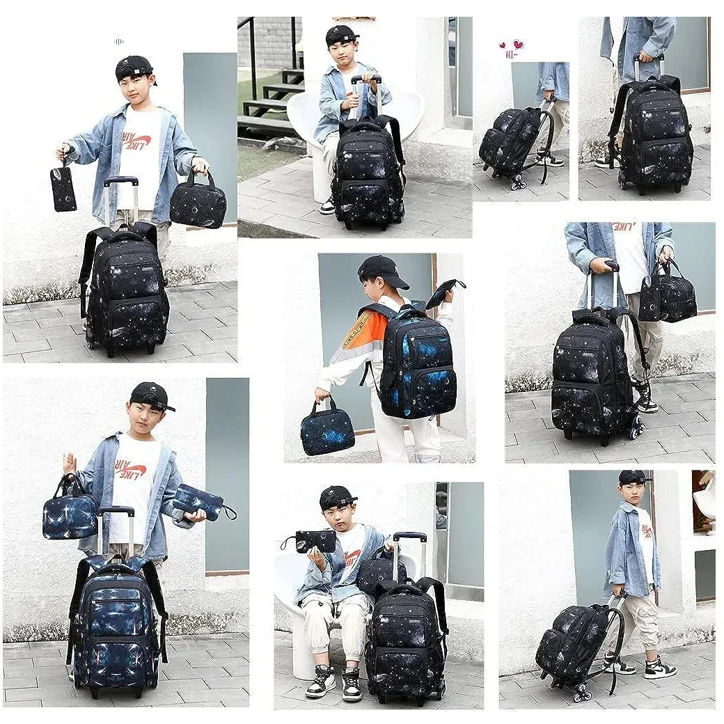 Student's School Carry On Bag With Wheels Rolling Backpack School Bag with 6 Wheels Luggage with Lunch Bag